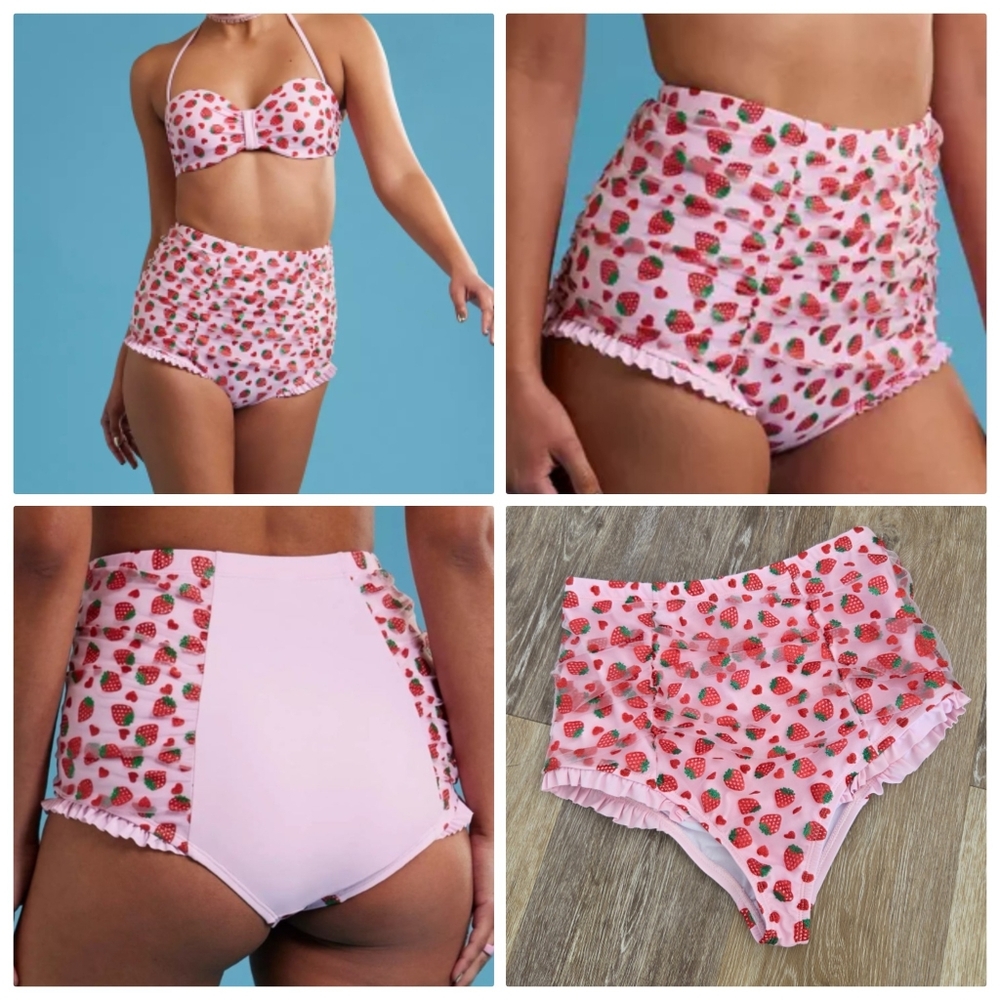 Hot Topic Strawberry Heart Mesh High-Waisted Swim Bottoms NWT Glitter Ruching